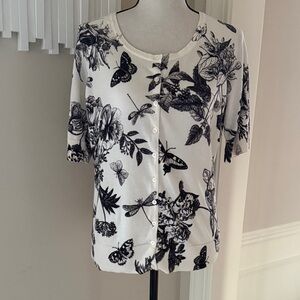 Talbots Woman Pima Cotton Butterfly Floral Print Short Sleeve Cardigan Plus X